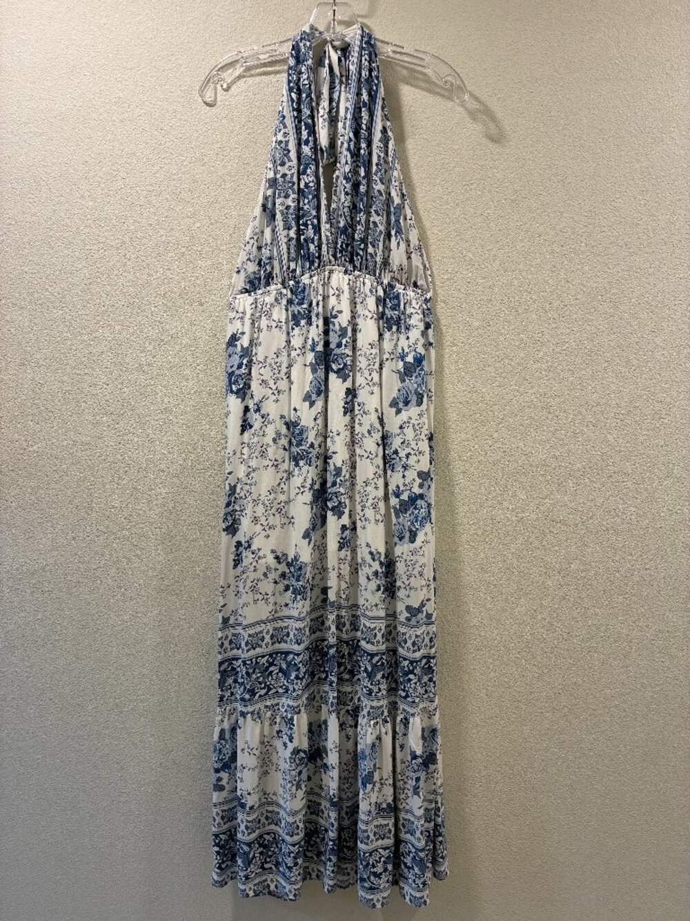 AAKAA Maxi Empire Plunge V-Neck Halter Dress Floral White/Blue/Purple Women L